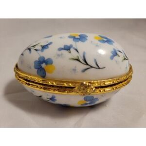 Egg trinket box blue white floral gold tone accent Easter Gift Box